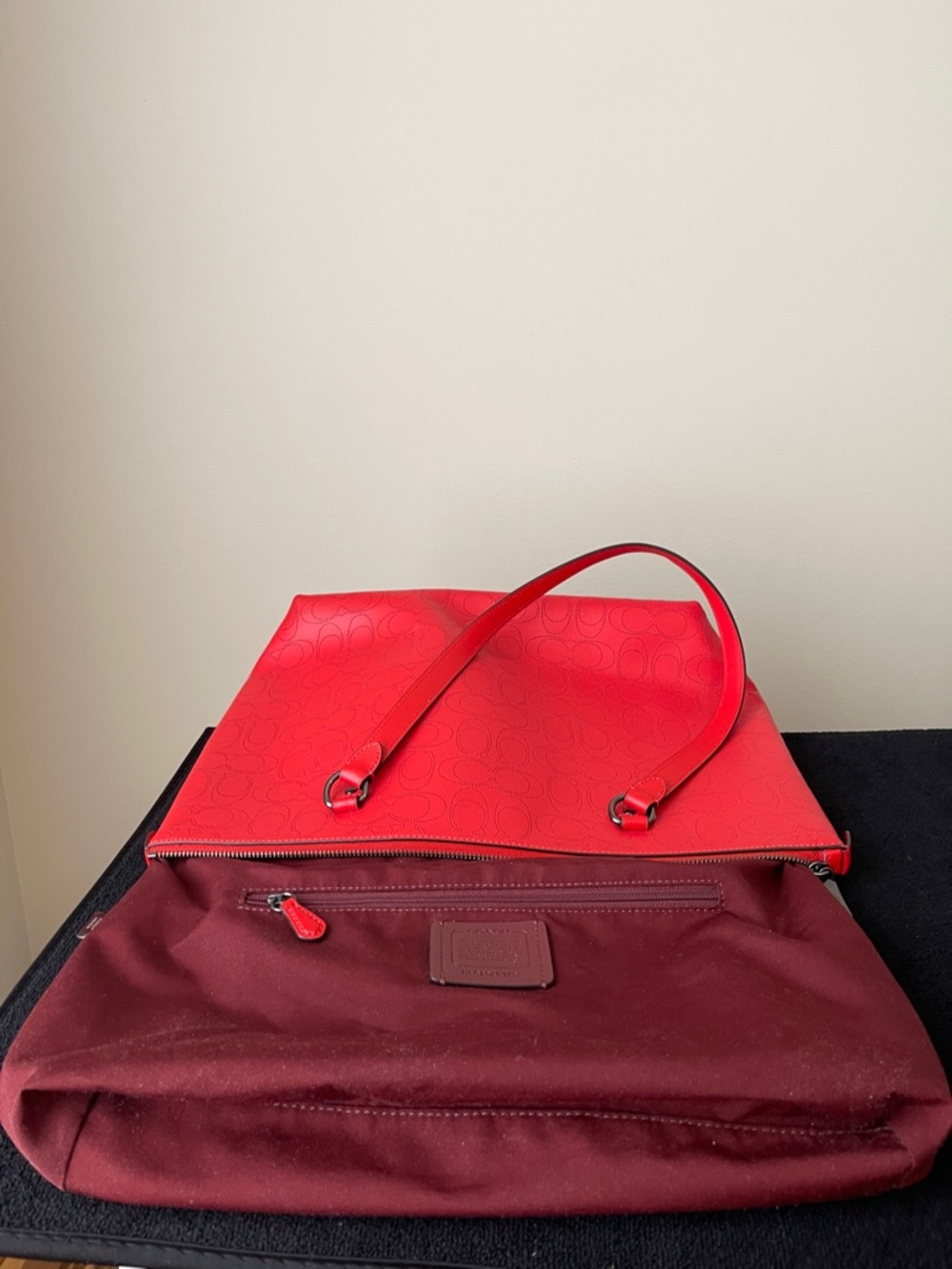 Coach Red Embossed Logo Tote with Front Zip Pocket - Picture 4 of 10